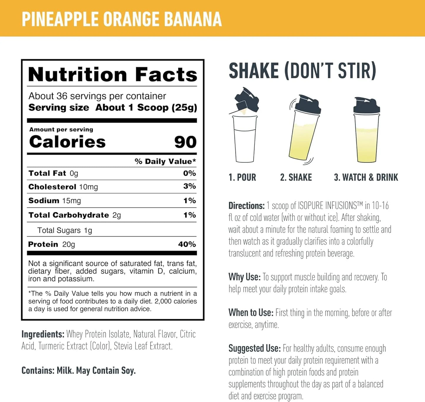 , Infusions 100% Whey Protein Isolate, 20 G Protein Powder, Pineapple Orange Banana, 1.98 Lb, 36 Servings
