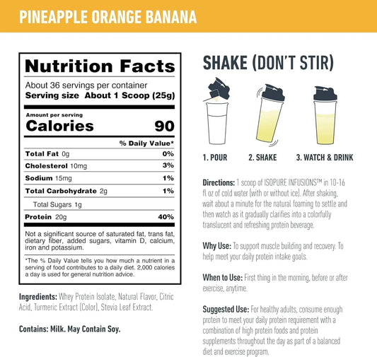 , Infusions 100% Whey Protein Isolate, 20 G Protein Powder, Pineapple Orange Banana, 1.98 Lb, 36 Servings