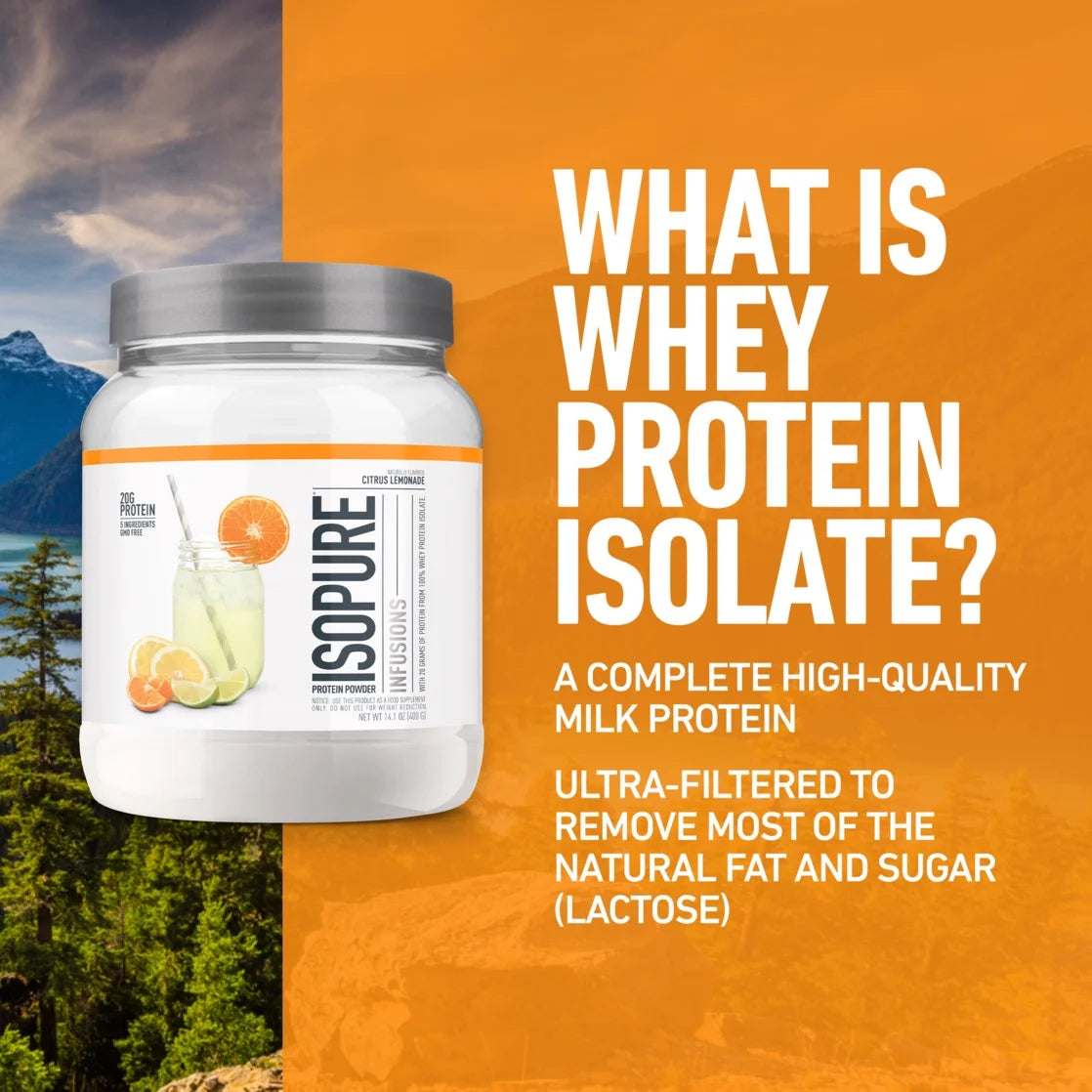 100% Pure Whey Isolate Protein Powder Infusions, Lactose Free, Gluten Free, Naturally Flavored, Citrus Lemonade, 20G Protein per Serving, 14.1 Oz, 16 Servings