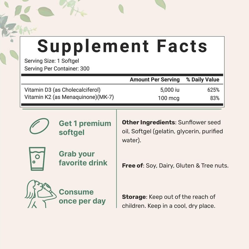 Micro Ingredients Vitamin D3 K2 5000IU, 300 Softgels | Infused with Sunflower Seed Oil, Vitamin K2 MK7 + Vitamin D Supplement, Non-Gmo, No Gluten