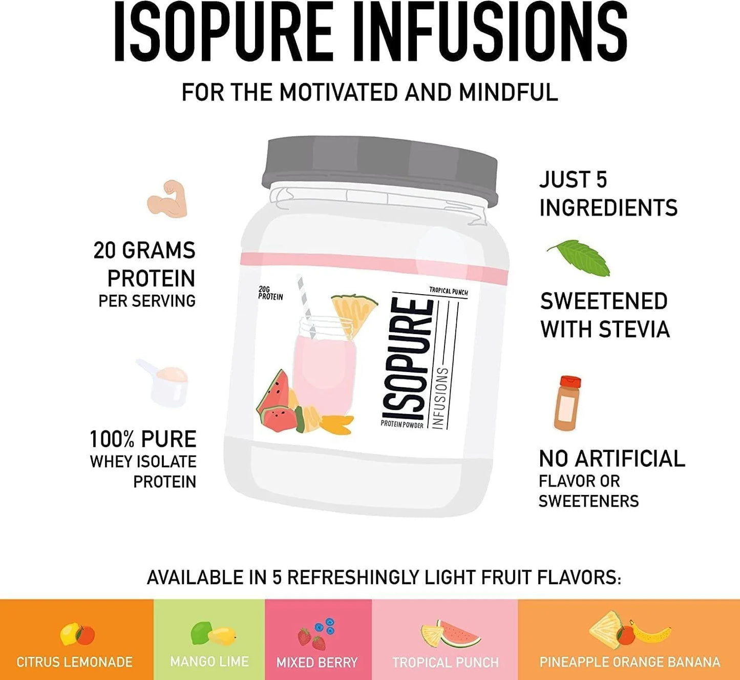 , Infusions 100% Whey Protein Isolate, 20 G Protein Powder, Pineapple Orange Banana, 1.98 Lb, 36 Servings