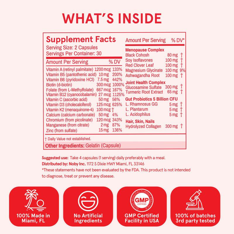 Peach Perfect Menopause Multivitamin - Capsules - 30 Servings - Black Cohosh, Ashwagandha, Vitamin C, D3+K2, Zinc, Tumeric, Collagen, Probiotics and More.