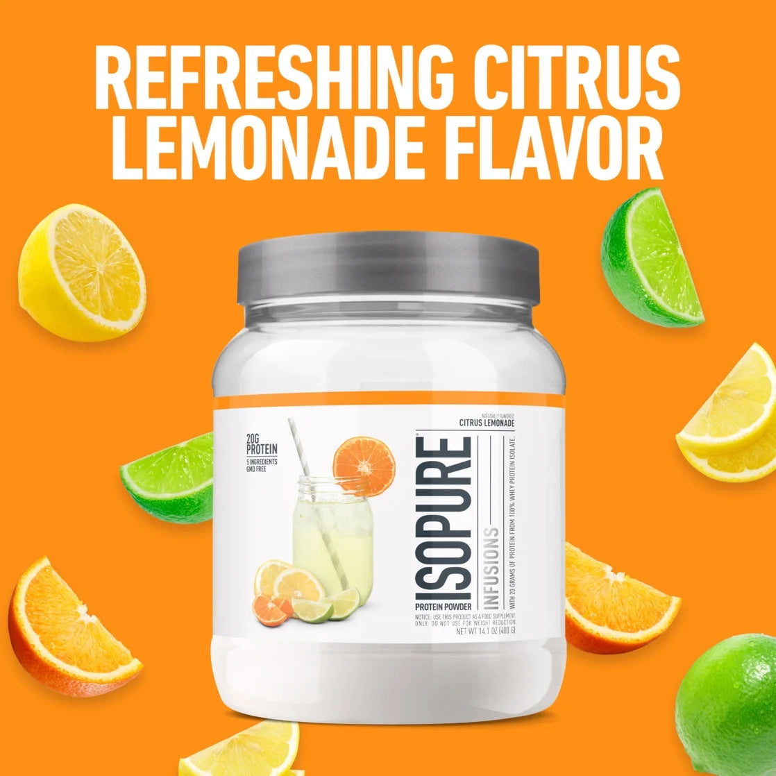 100% Pure Whey Isolate Protein Powder Infusions, Lactose Free, Gluten Free, Naturally Flavored, Citrus Lemonade, 20G Protein per Serving, 14.1 Oz, 16 Servings