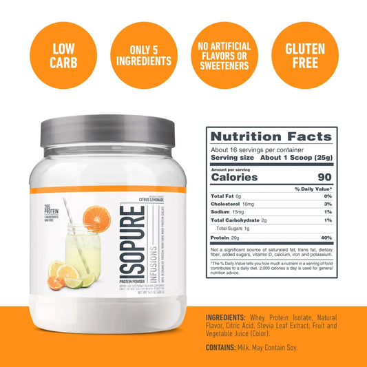 100% Pure Whey Isolate Protein Powder Infusions, Lactose Free, Gluten Free, Naturally Flavored, Citrus Lemonade, 20G Protein per Serving, 14.1 Oz, 16 Servings
