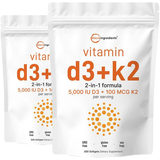 Micro Ingredients Vitamin D3 K2 5000IU, 300 Softgels | Infused with Sunflower Seed Oil, Vitamin K2 MK7 + Vitamin D Supplement, Non-Gmo, No Gluten
