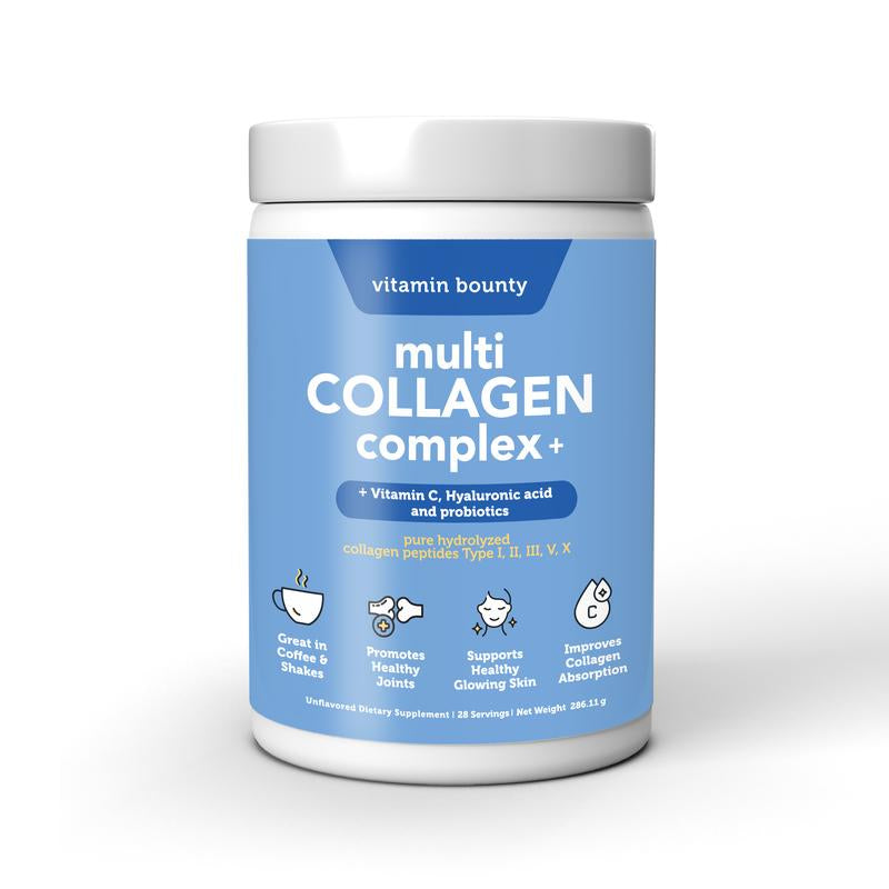 Vitamin Bounty Multi Collagen Complex+ Pure Hydrolyzed Collagen Peptides Supplement | Anti-Aging 3-In-1 Solution with Hyaluronic Acid Skin Care , Vitamin C & Probiotics Better Absorption & Less Bloating