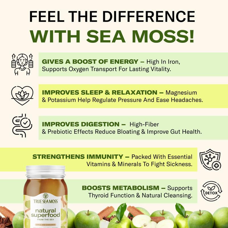Trueseamoss Apple/Cinnamon Irish Sea Moss Gel – Rich in Minerals & Vitamins – Supports Immune, Improves Digestion, Boost Energy, Skin & Hair Health - Made in USA