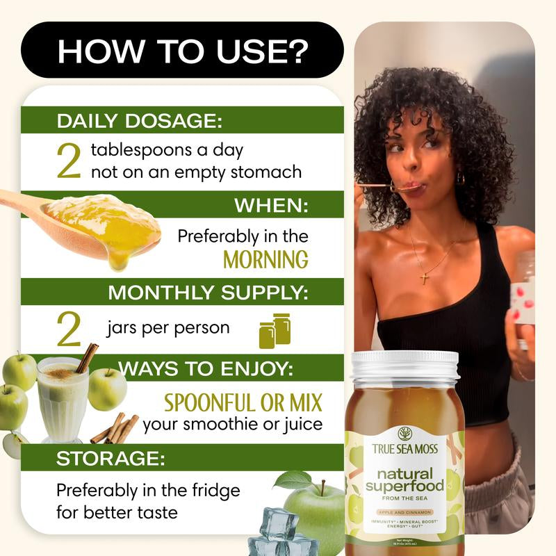 Trueseamoss Apple/Cinnamon Irish Sea Moss Gel – Rich in Minerals & Vitamins – Supports Immune, Improves Digestion, Boost Energy, Skin & Hair Health - Made in USA