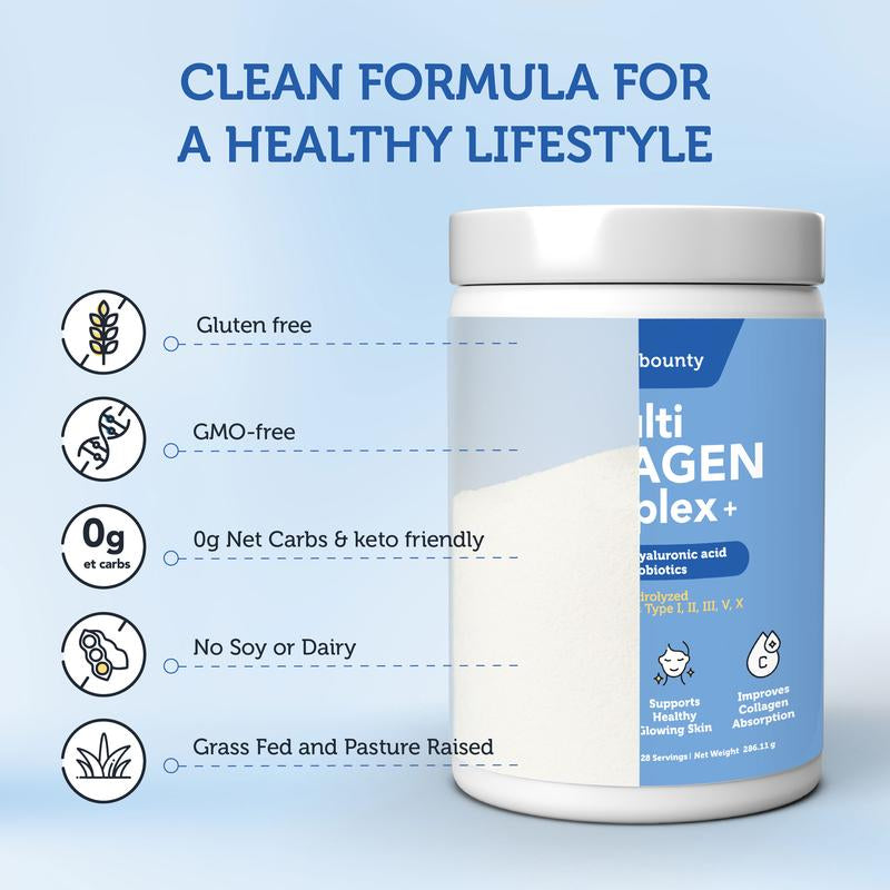Vitamin Bounty Multi Collagen Complex+ Pure Hydrolyzed Collagen Peptides Supplement | Anti-Aging 3-In-1 Solution with Hyaluronic Acid Skin Care , Vitamin C & Probiotics Better Absorption & Less Bloating