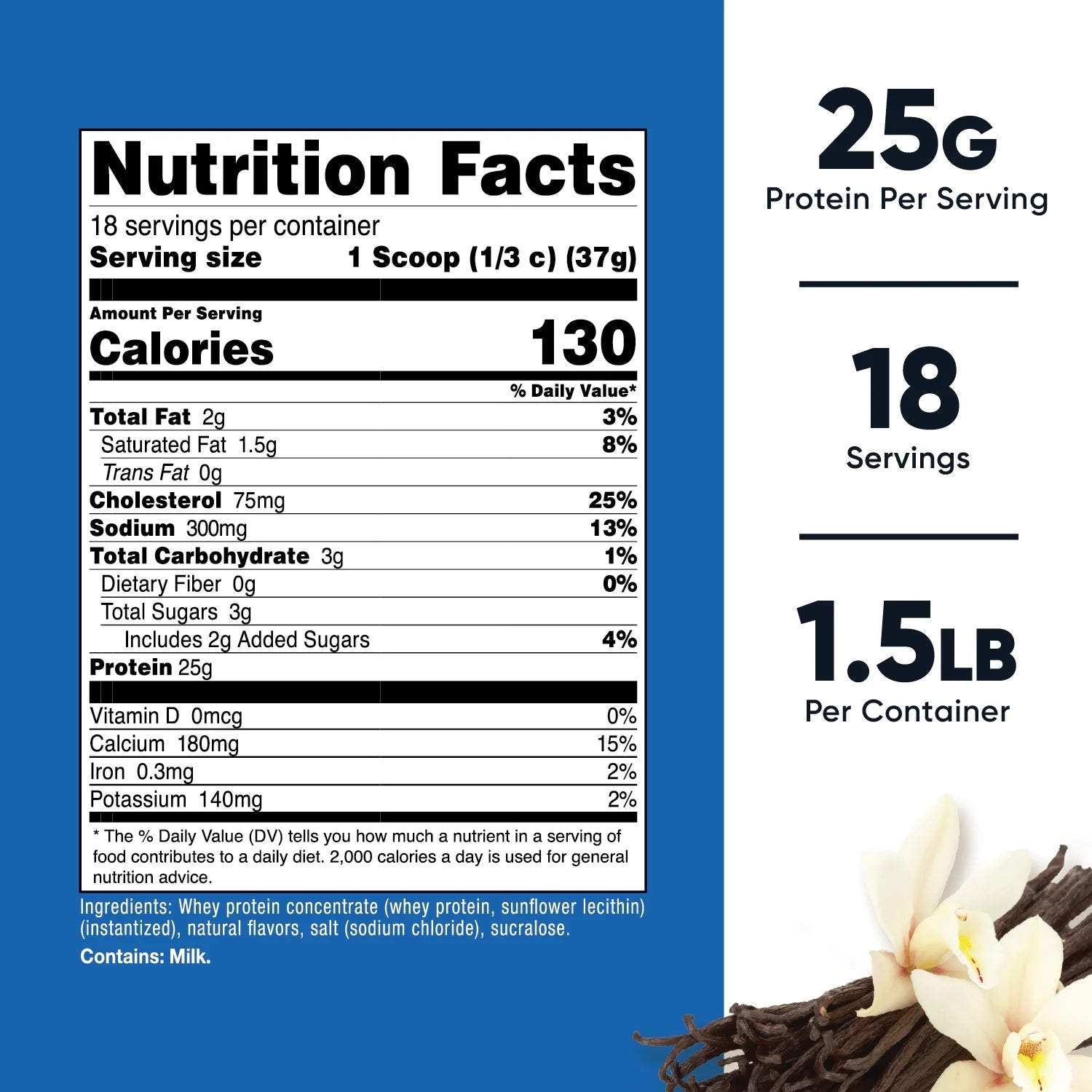 Whey Protein Concentrate (1.5 Pounds, Vanilla) - 25 Grams of Protein Powder per Serving