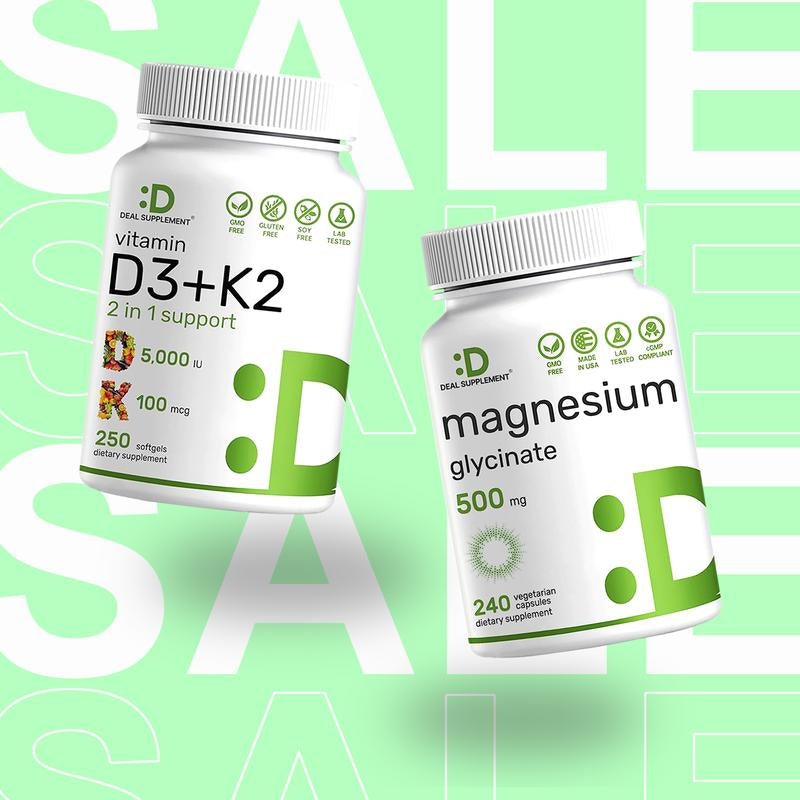 DEAL SUPPLEMENT Magnesium Glycinate+Vitamin D3&K2 BUNDLE | Muscle, Joint, Bones, Nerve Function, Sleep, Heart, Immune System Healthcare