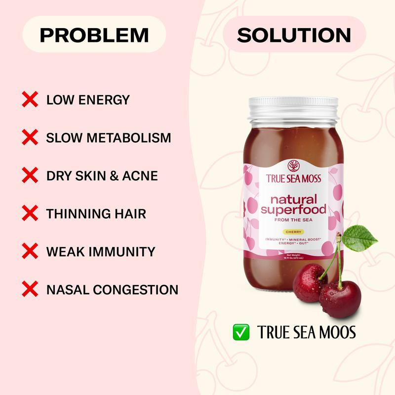 [LIMITED] Trueseamoss Cherry Irish Sea Moss Gel – Rich in Minerals & Vitamins – Supports Immune, Improves Digestion, Boost Energy, Skin & Hair Health - Made in USA