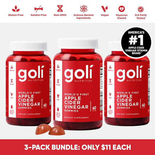 3 Bottles of Goli Apple Cider Vinegar Gummy Vitamins - Vitamin B12, Gelatin-Free, Gluten-Free, Vegan & Non-Gmo.