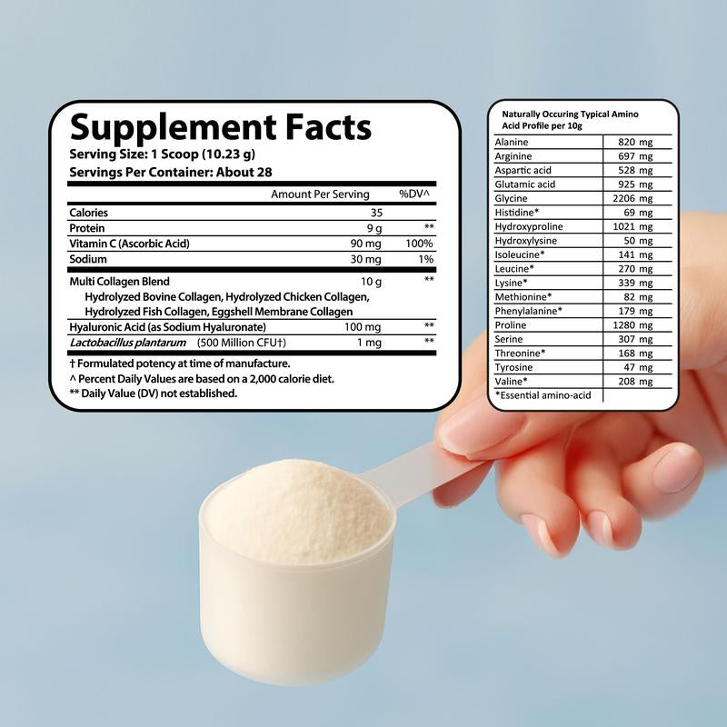 Vitamin Bounty Multi Collagen Complex+ Pure Hydrolyzed Collagen Peptides Supplement | Anti-Aging 3-In-1 Solution with Hyaluronic Acid Skin Care , Vitamin C & Probiotics Better Absorption & Less Bloating