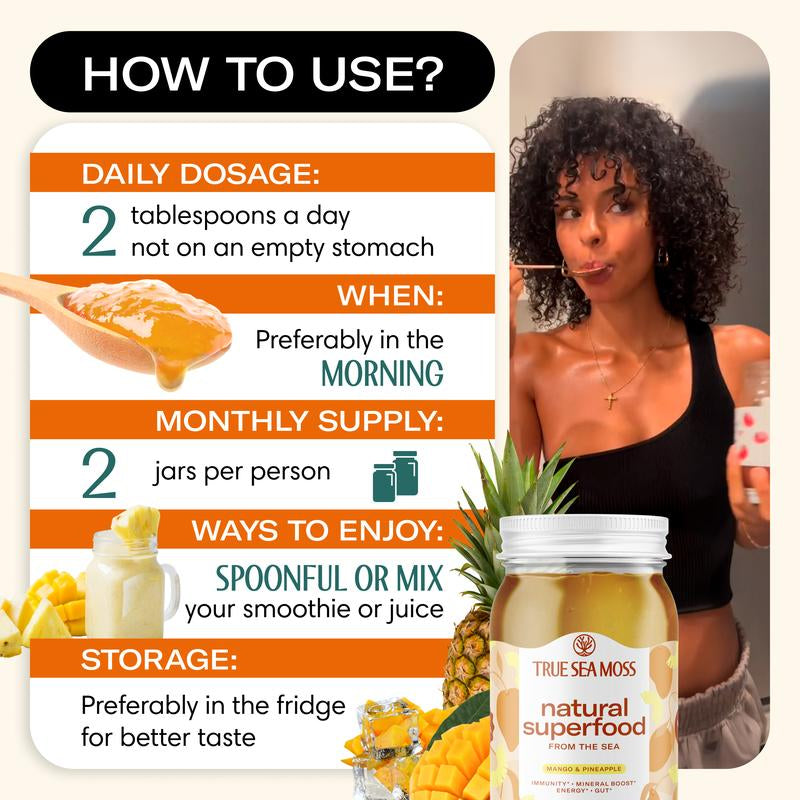 Trueseamoss Mango-Pineapple Irish Sea Moss Gel – Rich in Minerals & Vitamins – Supports Immune, Improves Digestion, Boost Energy, Skin & Hair Health - Made in USA