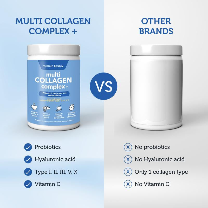 Vitamin Bounty Multi Collagen Complex+ Pure Hydrolyzed Collagen Peptides Supplement | Anti-Aging 3-In-1 Solution with Hyaluronic Acid Skin Care , Vitamin C & Probiotics Better Absorption & Less Bloating