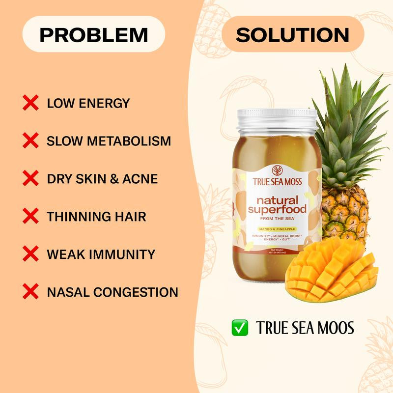Trueseamoss Mango-Pineapple Irish Sea Moss Gel – Rich in Minerals & Vitamins – Supports Immune, Improves Digestion, Boost Energy, Skin & Hair Health - Made in USA