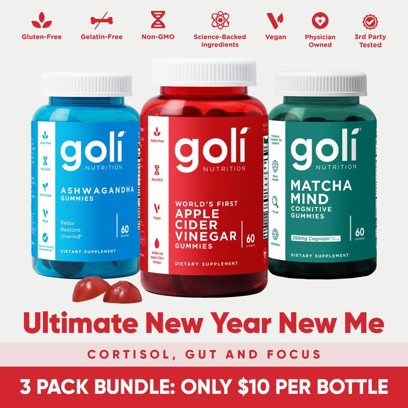 3 Bottles of Goli Best Seller Bundle: Ashwagandha KSM-66, Apple Cider Vinegar, Matcha Mind Supplement with Cognizin, Vitamins D2 and B12 Healthcare Dietary