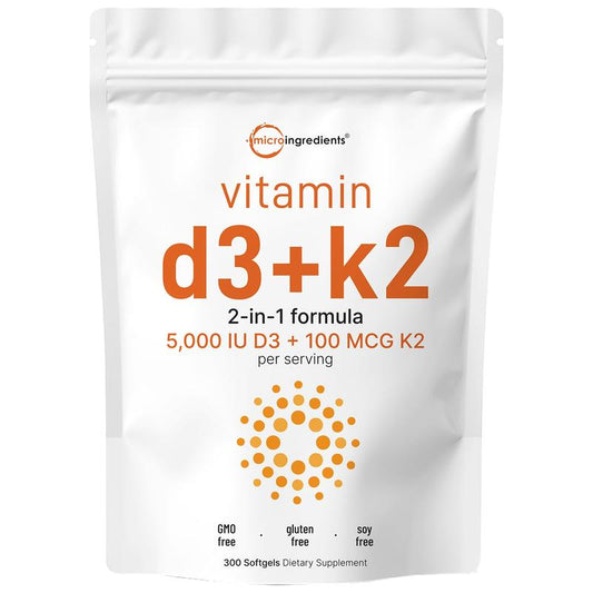 Micro Ingredients Vitamin D3 K2 5000IU, 300 Softgels | Infused with Sunflower Seed Oil, Vitamin K2 MK7 + Vitamin D Supplement, Non-Gmo, No Gluten