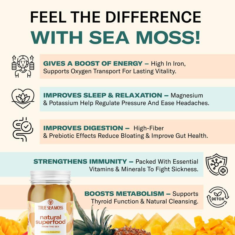 Trueseamoss Mango-Pineapple Irish Sea Moss Gel – Rich in Minerals & Vitamins – Supports Immune, Improves Digestion, Boost Energy, Skin & Hair Health - Made in USA