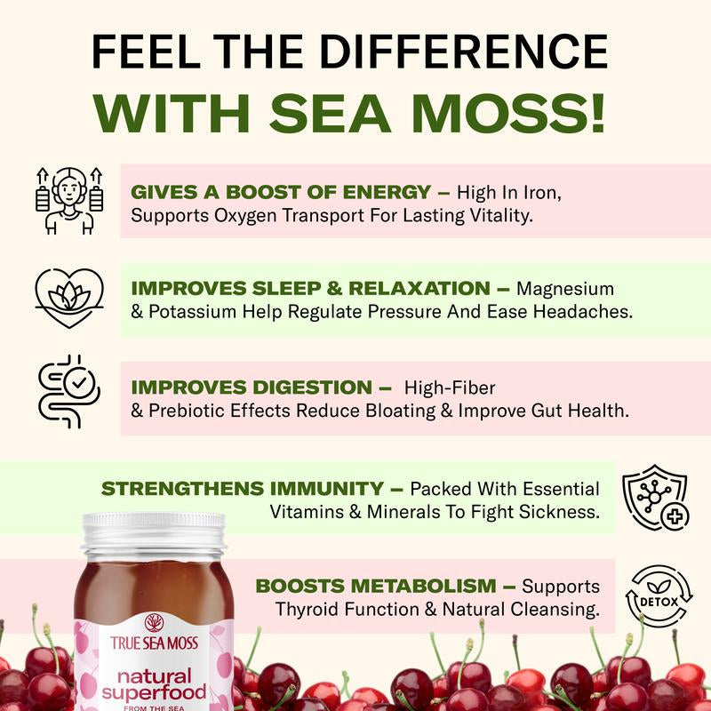 [LIMITED] Trueseamoss Cherry Irish Sea Moss Gel – Rich in Minerals & Vitamins – Supports Immune, Improves Digestion, Boost Energy, Skin & Hair Health - Made in USA