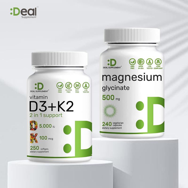 DEAL SUPPLEMENT Magnesium Glycinate+Vitamin D3&K2 BUNDLE | Muscle, Joint, Bones, Nerve Function, Sleep, Heart, Immune System Healthcare