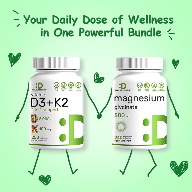DEAL SUPPLEMENT Magnesium Glycinate+Vitamin D3&K2 BUNDLE | Muscle, Joint, Bones, Nerve Function, Sleep, Heart, Immune System Healthcare