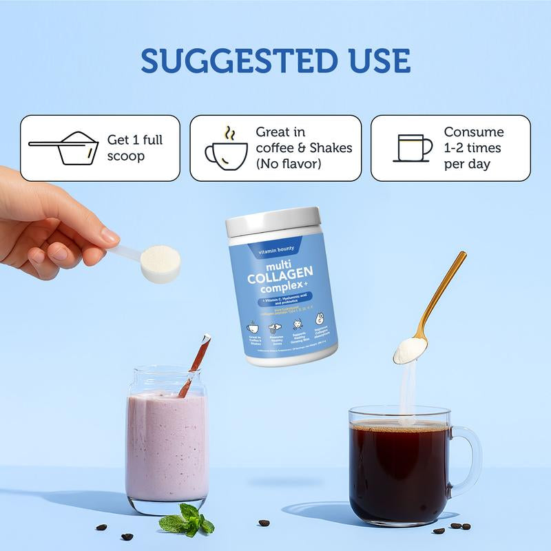 Vitamin Bounty Multi Collagen Complex+ Pure Hydrolyzed Collagen Peptides Supplement | Anti-Aging 3-In-1 Solution with Hyaluronic Acid Skin Care , Vitamin C & Probiotics Better Absorption & Less Bloating