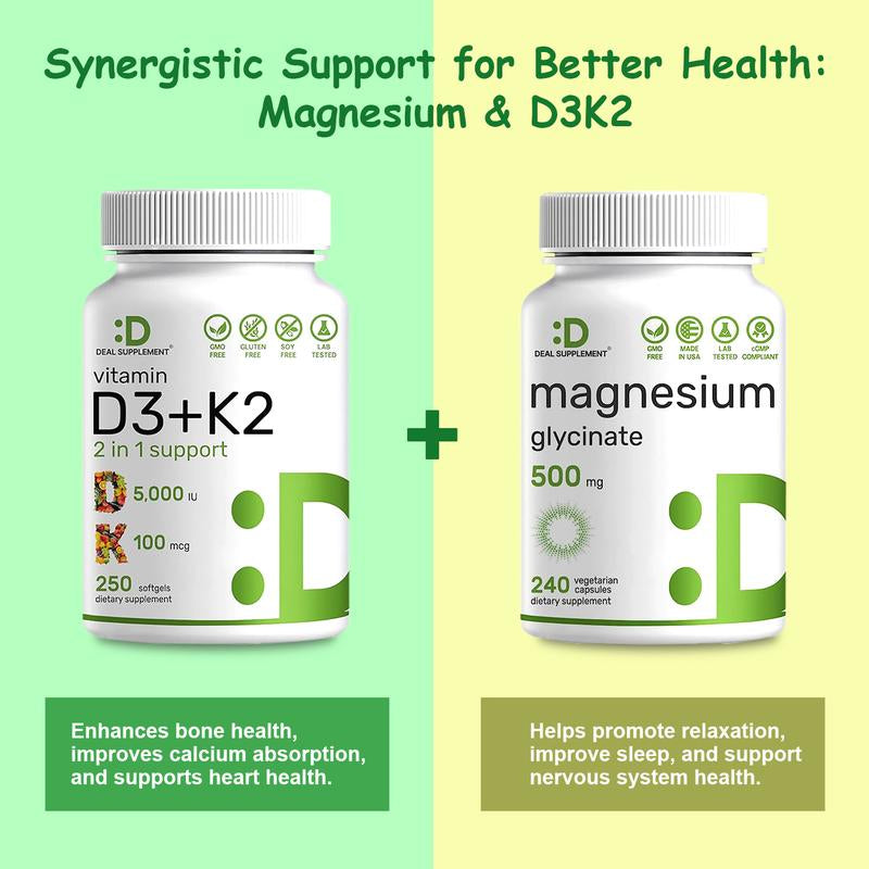 DEAL SUPPLEMENT Magnesium Glycinate+Vitamin D3&K2 BUNDLE | Muscle, Joint, Bones, Nerve Function, Sleep, Heart, Immune System Healthcare
