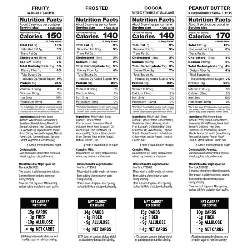 Magic Spoon Protein Cereal Variety 4 Pack - Fruity, Peanut Butter, Cocoa, Frosted - Breakfast Cereal Chocolate Food Sweet Snack