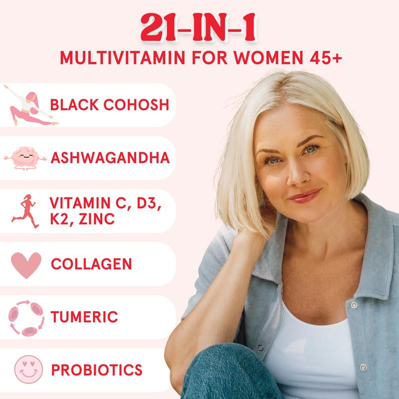 Peach Perfect Menopause Multivitamin - Capsules - 30 Servings - Black Cohosh, Ashwagandha, Vitamin C, D3+K2, Zinc, Tumeric, Collagen, Probiotics and More.