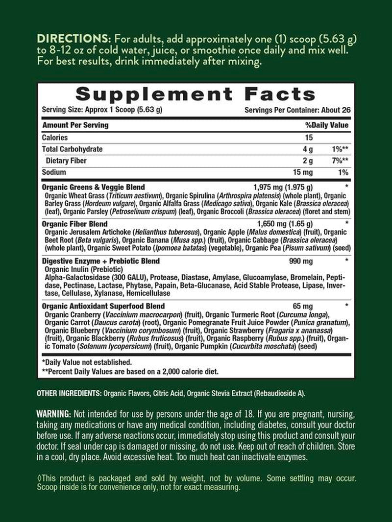 Organic Greens Powder Digestive Enzymes & Prebiotic Blend